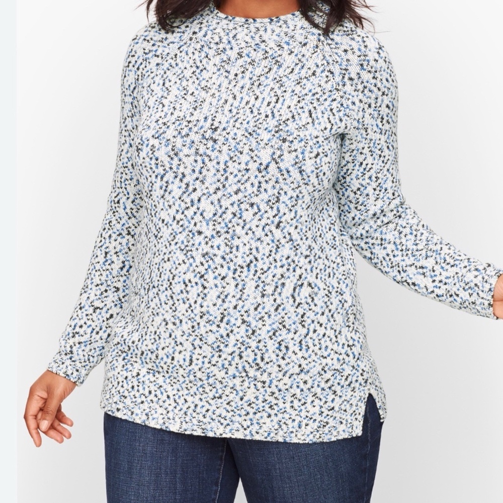 Talbots Women Size L Cotton Shaker Stitch Space Dyed Sweater White Blue Speckled